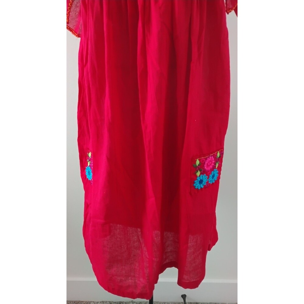 Red Embroidered Dress Women's Boho Peasant Oaxaca Huipil Floral Mini Sz S - Picture 4 of 9